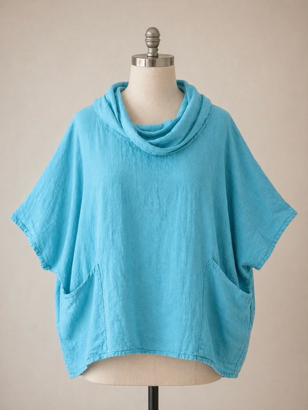 LINEN Slouchy Blouse Top Dolman Sleeve XL Lagenlook Artsy Resort Italy Made Aqua